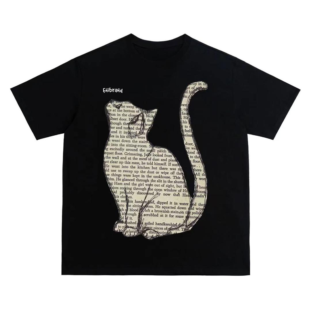

(Newspaper Cat) Pure Cotton Men s and Women s Same Style T-shirt American Retro Short-sleeved Top 25 Trendy New Style 4XL