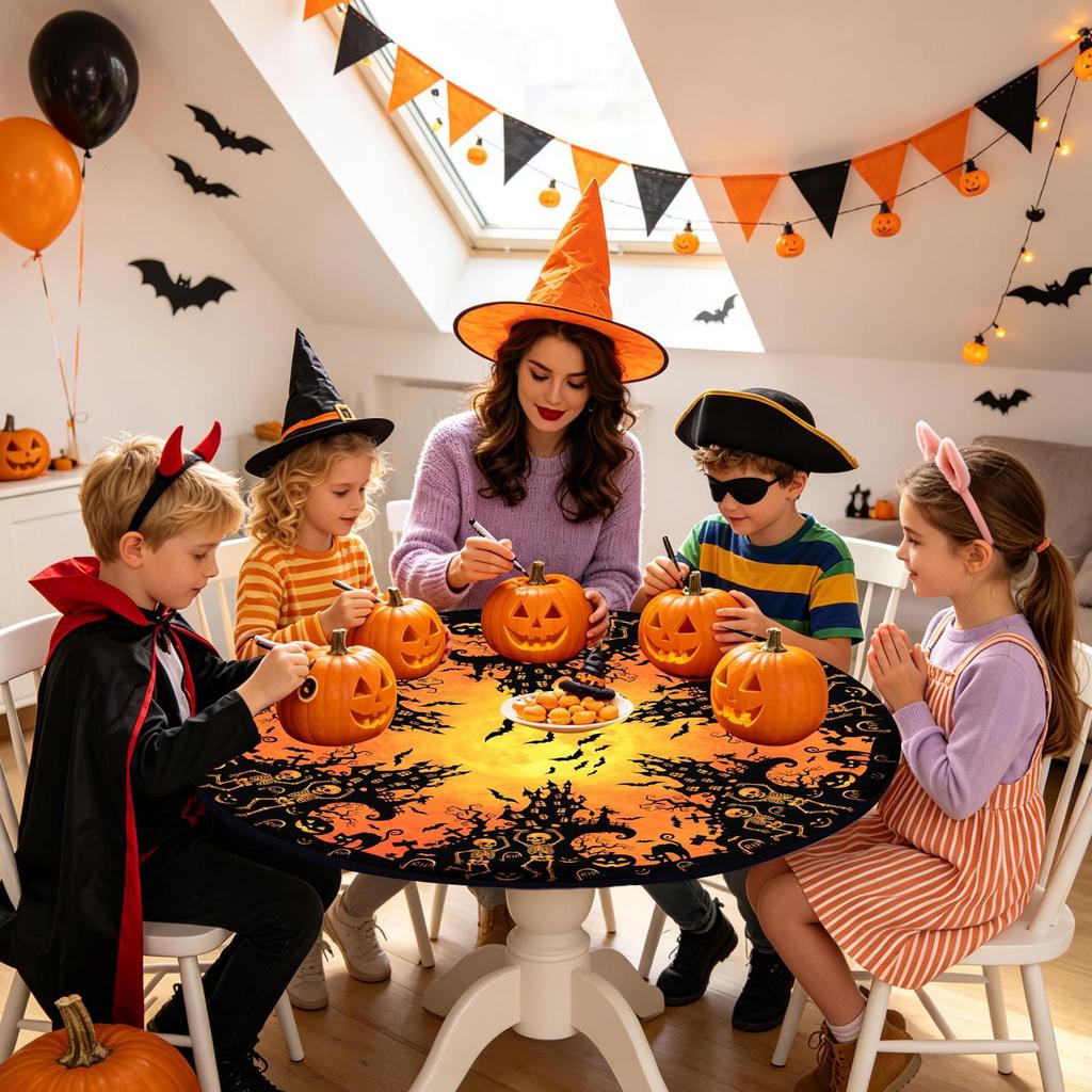 Halloween Fitted Tablecloth Pumpkin Skull Bat Pattern Reusable Protector Halloween Theme Table Cover For Party Dining BBQ
