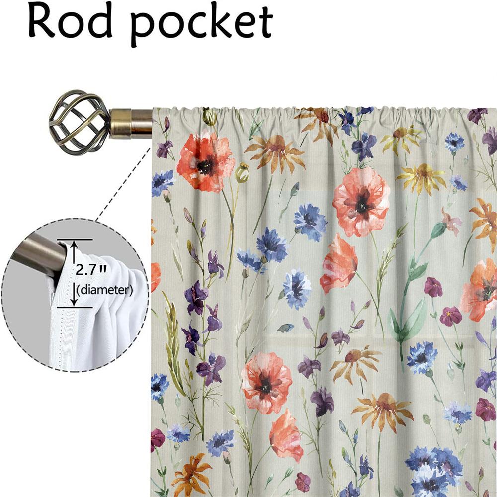 2Pcs Painted Wildflower Curtains Spring Floral Pattern Living Room Bedroom Kids Room Sunshade Country Style Decor Curtains