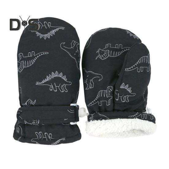 1 Pair Children Winter Mittens Thick Plush-lined Windproof Cartoon Dinosaur Cold Weather Outdoor Gloves Adjustable Fasten Strap Anti-Slip Ski Gloves