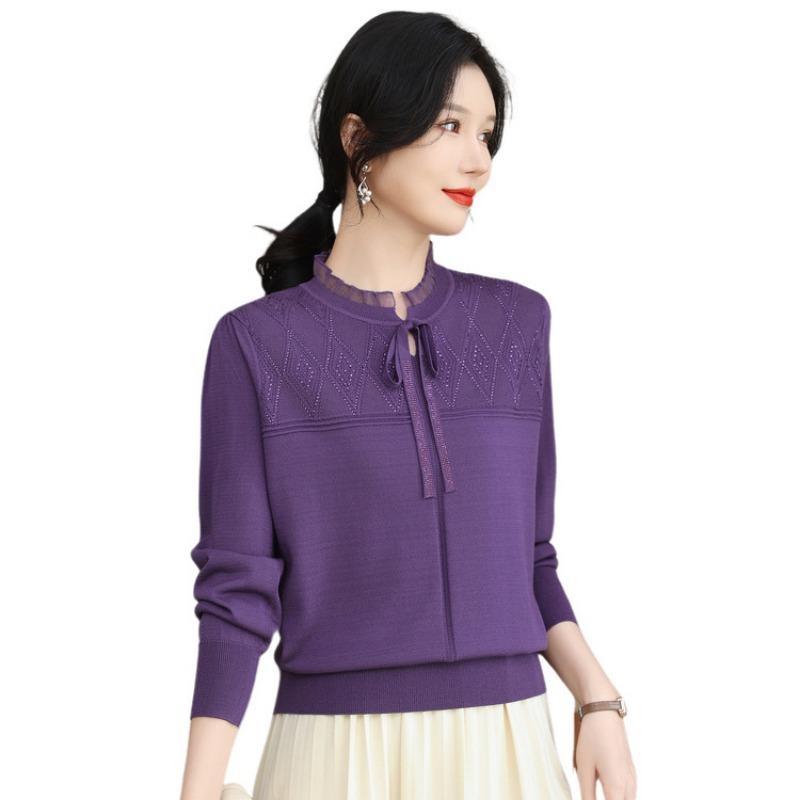 Loose lace collar bottoming shirt thin top mother spring clothes new fashion age-reducing knitted sweater women