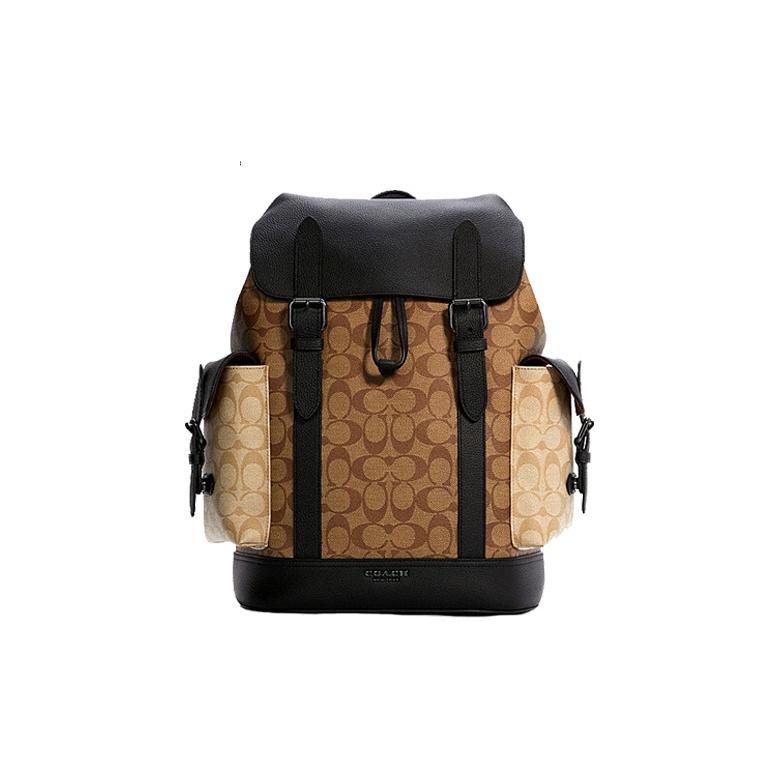 Coach Men's Brown/Black Hudson 26 Classic Monogram Color Block Flap Large Capacity Canvas And Leather Backpack Backpacks Khaki- C6081-Qbt5k