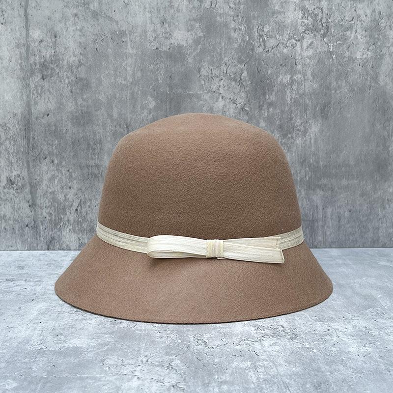 Französischer Retro Face Kleiner Hepburn-Stil Temperament Schleife Elegant Eimerhut Damen Kuppel Wollzylinder
