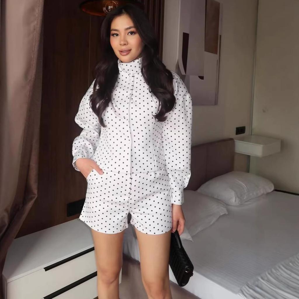 Spring and Autumn New European and American Women's Clothing Cross-border White Polka Dot Set Women's High Neck Waist Shirt Shorts Two-piece Set