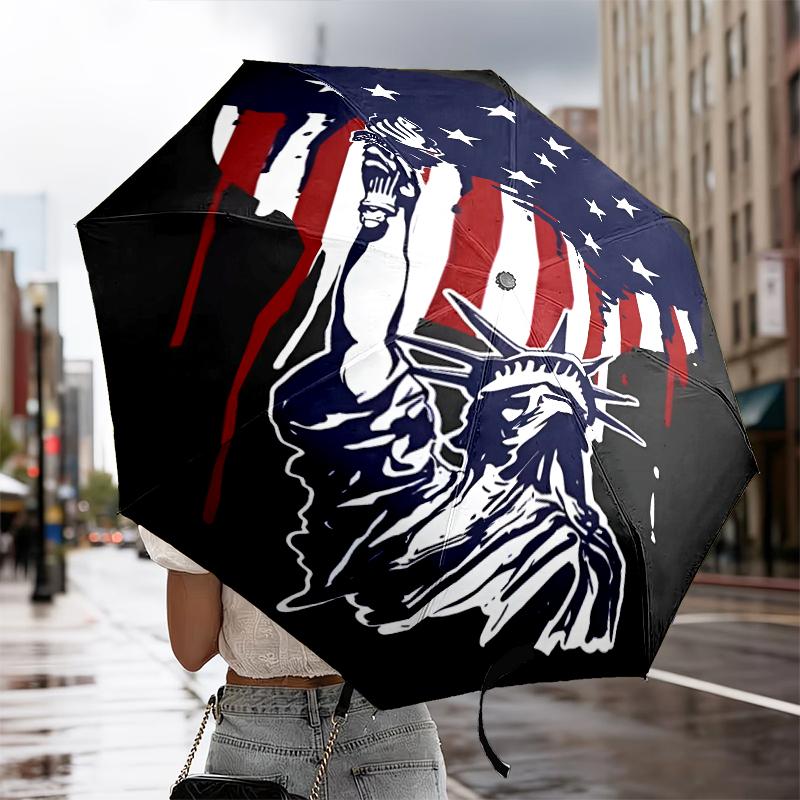 Liberty Statue With American Flag Automatic Folding Umbrella - 8-Rib Travel Umbrella with Auto Portable Case, Ideal Gift for Birthdays