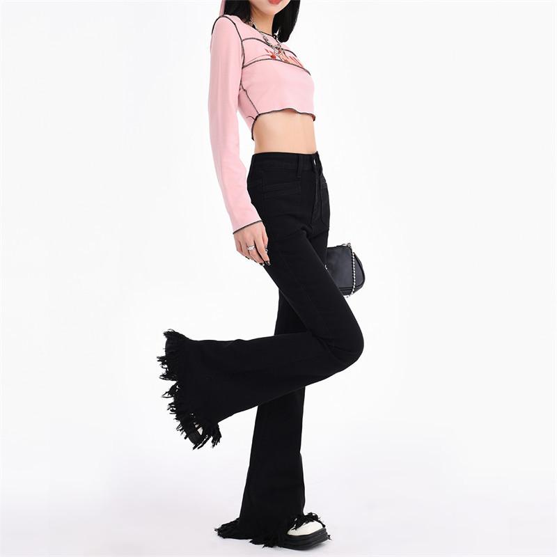 Retro Breasted High Waist Slim and Slightly Flared Jeans for Women's Spring New Style Floor-sleeved Horseshoe Pants