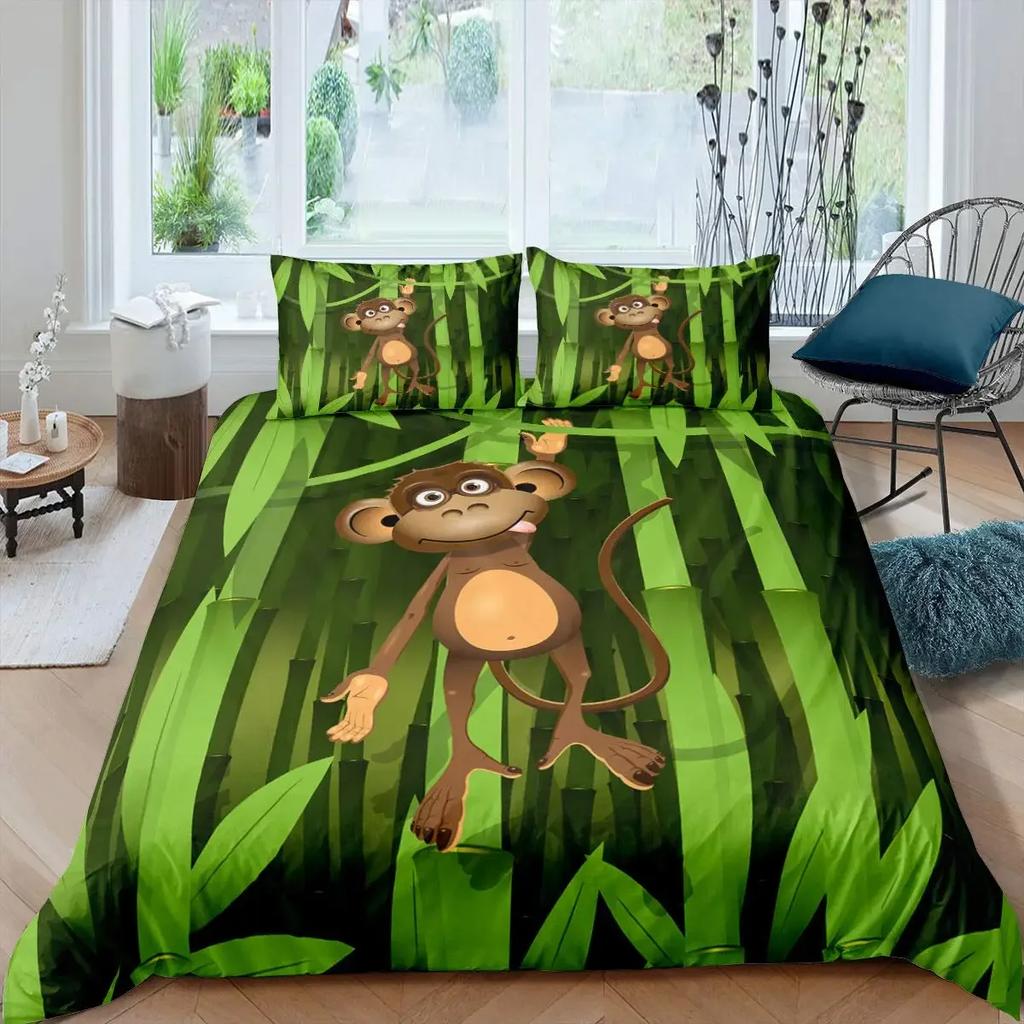 Set Copripiumino Scimmia Carina Set Biancheria da Letto Animale Cartone Animato per Bambini Set Biancheria da Letto Comodo e Caldo Adatto per Bambini Adolescenti