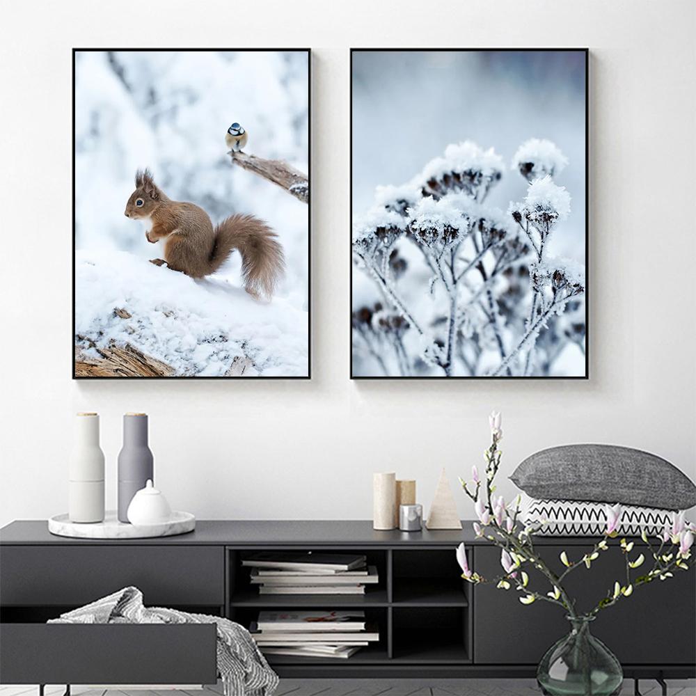 Wall Art Winter Snow Forest Train Deer Squirrel Pine Cone Canvas Painting Posters and Prints for Living Room Home Decor