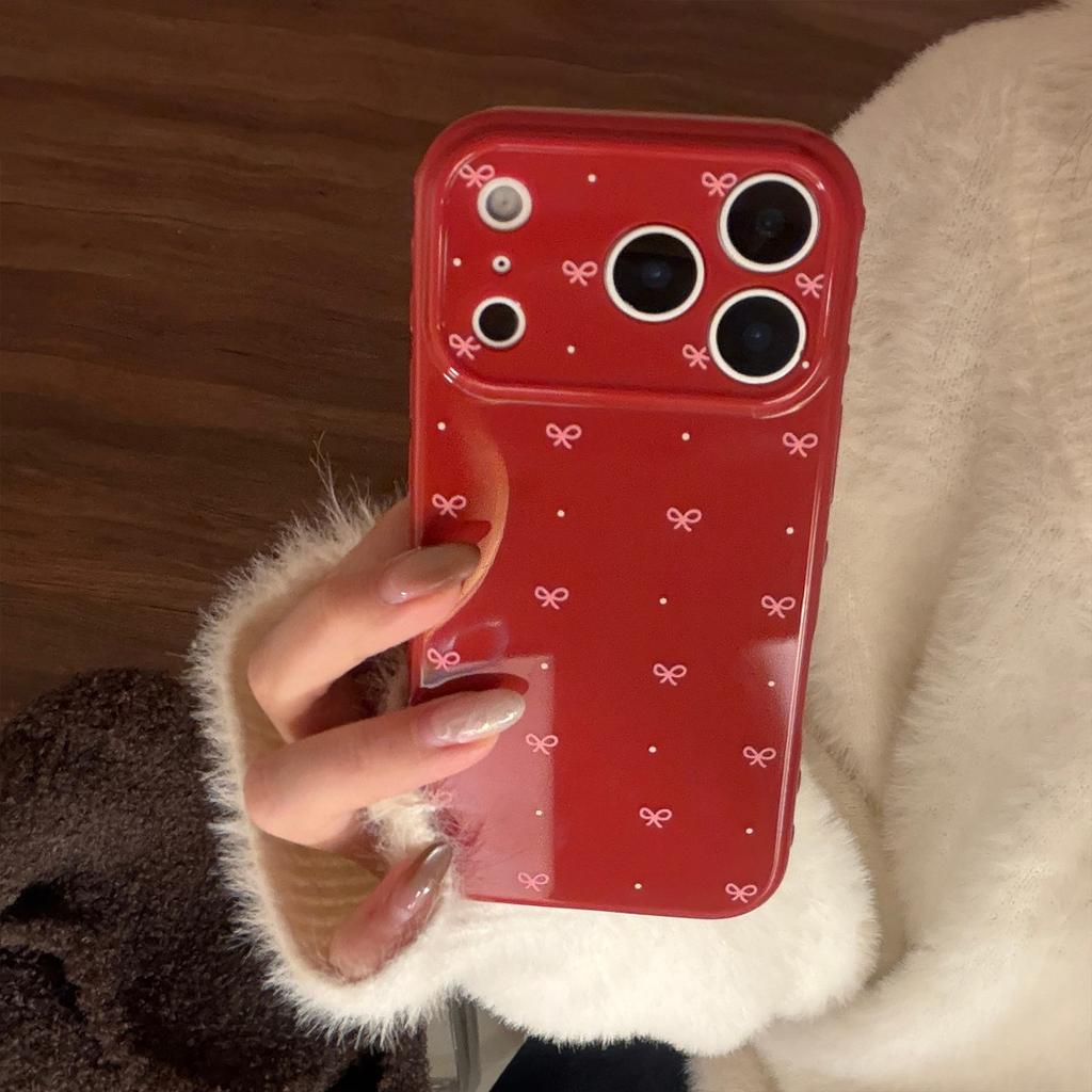 Suitable for Apple 16 Mobile Phone Case Iphone17promax Burgundy Bow 13 Retro Simple 14 Anti-fall 17 Soft Shell