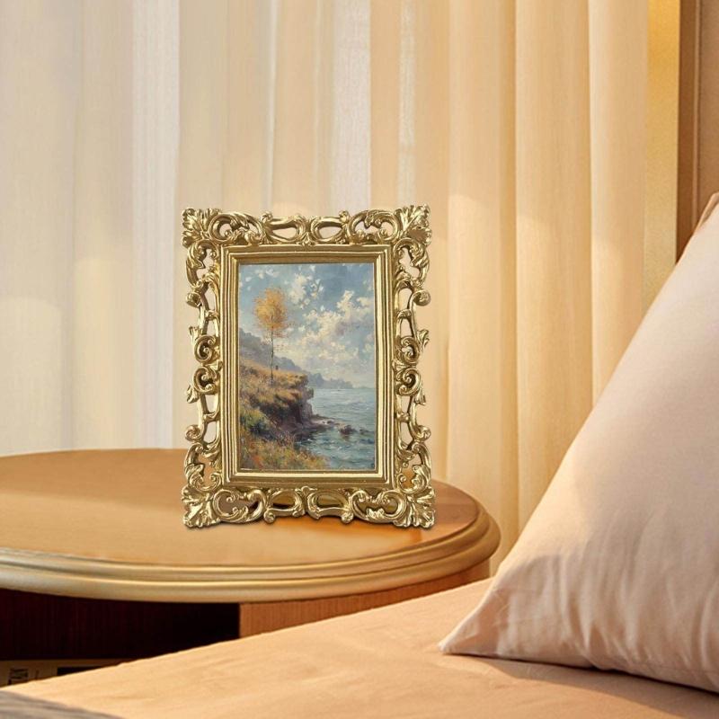 Small Photo Display Frame with Detailed Border and Gold Finish, Family Photo Accent for Bedroom, Living Room, or Entryway Use Home