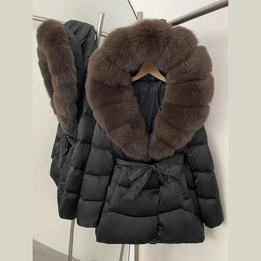 

Зимняя лиса большой меховой воротник высококачественная утолщенная пуховая куртка женская средней длины с поясом куртка из искусственной кожи L