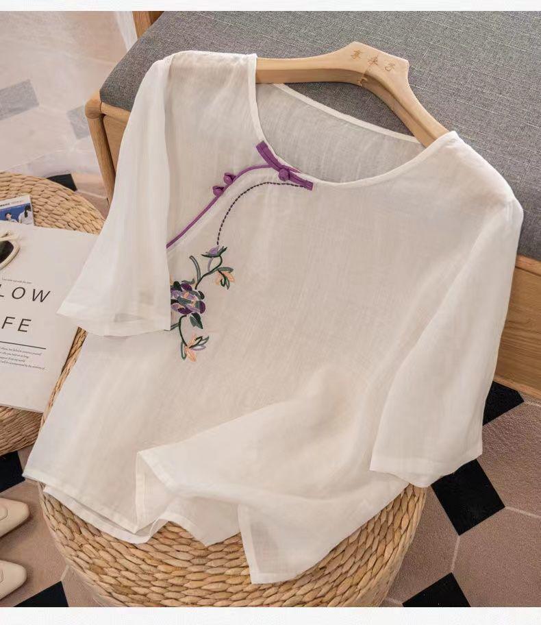 Women's 2024 Summer Cotton Linen Retro Embroidered Blouse with Frog Button and Diagonal Placket