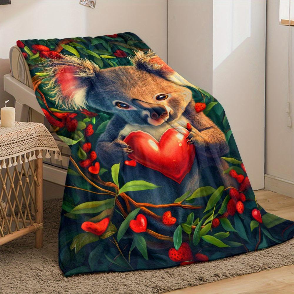 Koala Bear Holding Big Red Heart Forest Berry Blanket Soft Flannel Throw Valentine's Day Gift Cute Animal Design