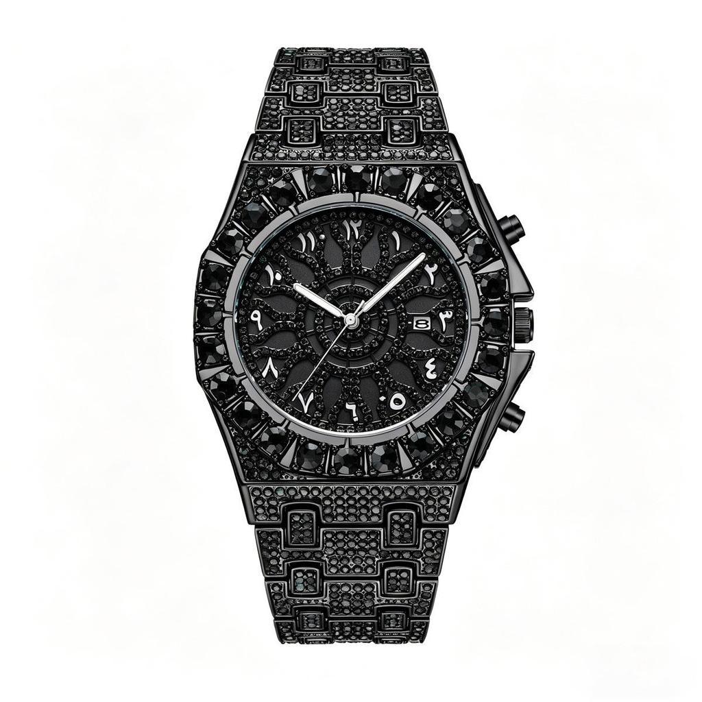 Men Full Iced Out Green Crystal Watch Arabic Numeral Dial Quartz Wristwatch Alloy Band Calendar Hip Hop Bling Jewelry Watches