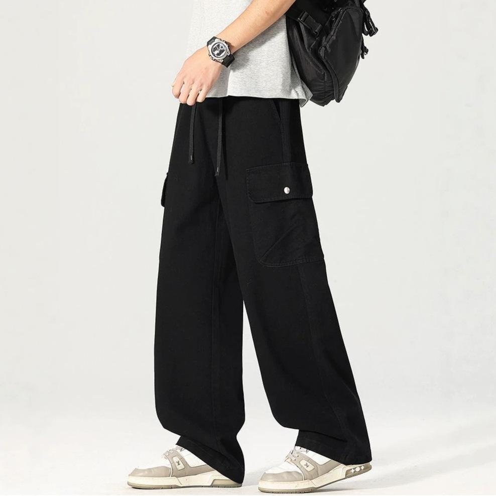 Spring and summer new pure cotton loose straight tooling wide-leg army green casual pants men's very light pants