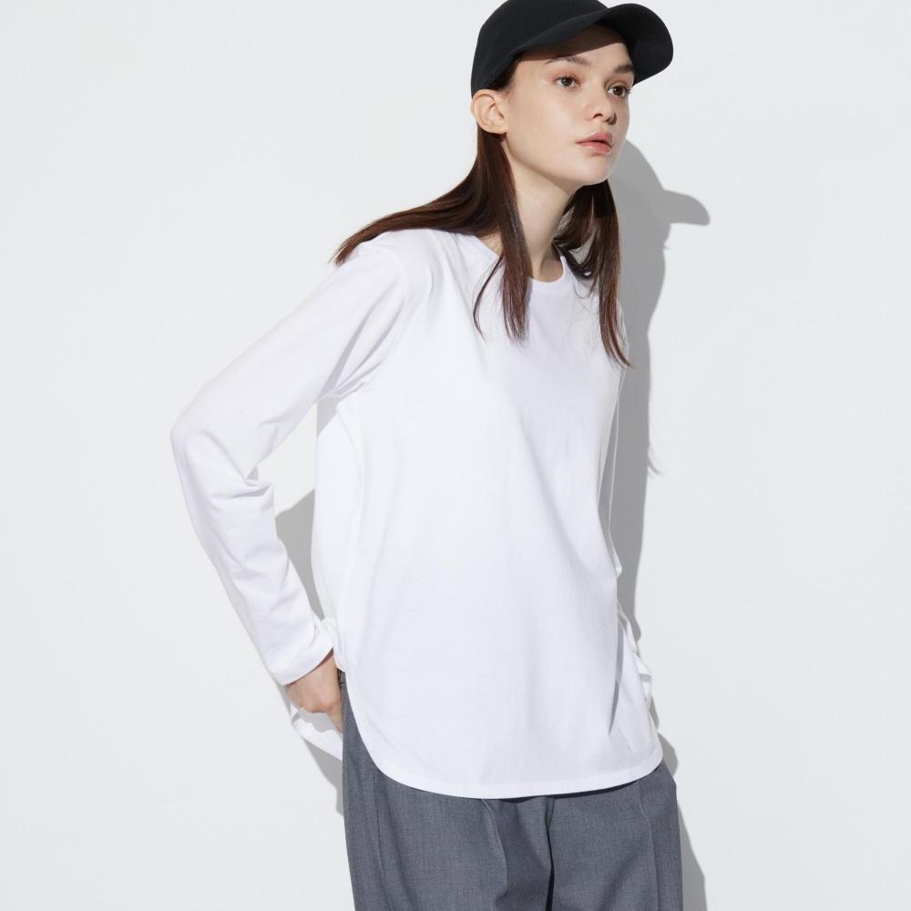 

UNIQLO Мягкая хлопковая футболка с круглым подолом и длинными рукавами