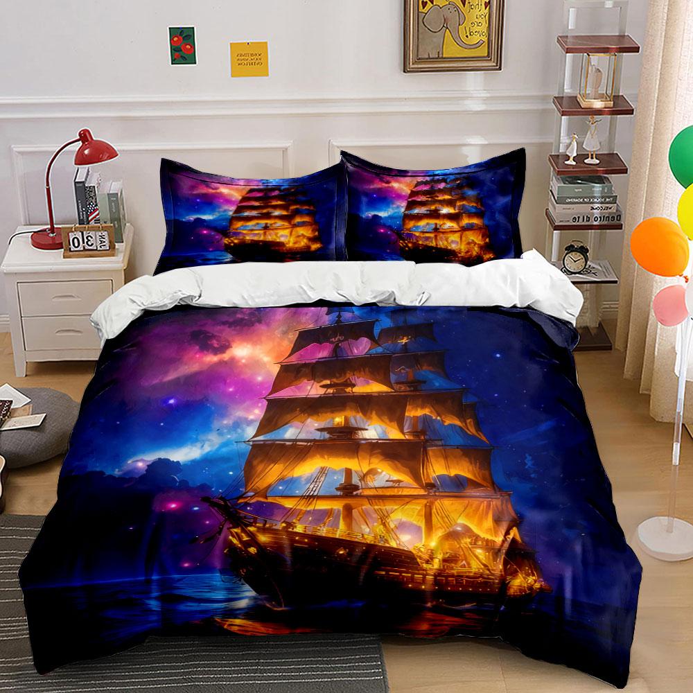 Ship Canvas Artwork Set Soft Comfortable Duvet Cover Bedding Set Included 1*Duvet Cover & 2*Pillowcases, Gift