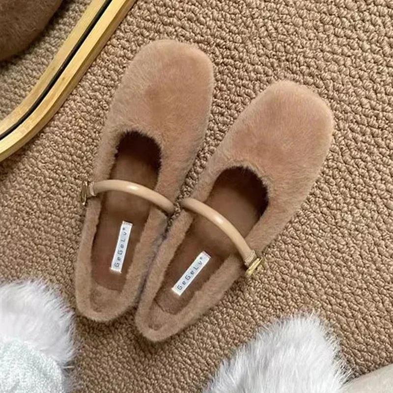 2025 Fur Flats Ballet Dance Shoes Casual Short Plush Boots Fashion New Shallow Square Toe Zapatos Dress Walking Designer Shoes