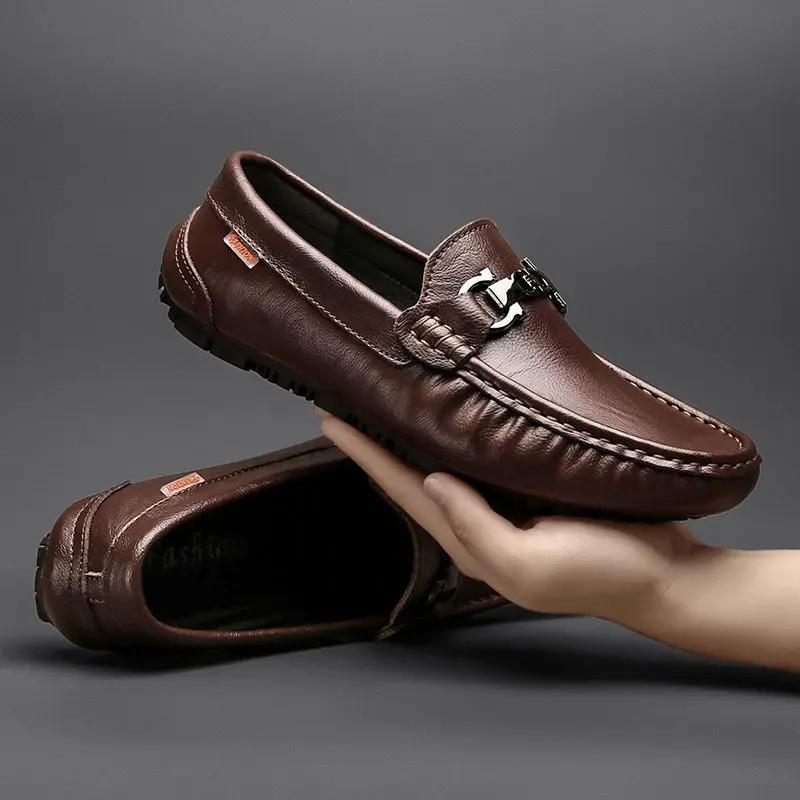 Leather Shoes for Men Non Slip and Waterproof Man Casual Shoe Square Toe Flat High Quality Fashion Pu Classic Original On Sale