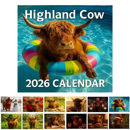 2026 Highland Cow Wall Calendar Scottish Highland Cattle 12 Monthly Planner