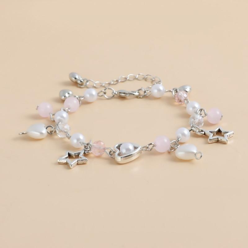 Handcrafted Beaded Bracelet with Heart Star Wing Pendant Wristband Pearls Bowknot Bracelet Adjustable Chain Jewelry Gift
