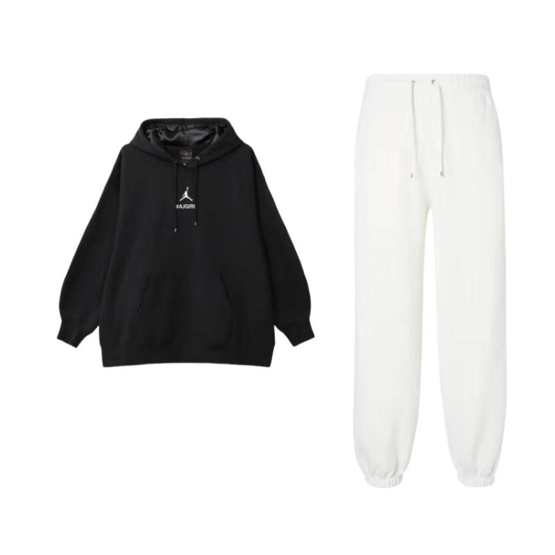 

Jordan Comfortable Hooded Pullover Long Sleeve Elastic Waist Soft Pants Leisure Set Women sets FB5114-133+FZ4334-010 S