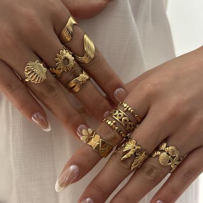 Stainless Steel Vintage Punk Finger Rings Set For Women Men Gold Plated Flower Leaves Texture Open Ring Party Statement Jewelry