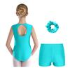 Girls Gymnastics Outfit Keyhole Back Patchwork Sleeveless Glittery Rhinestones Leotard V Front Waistband Shorts Set