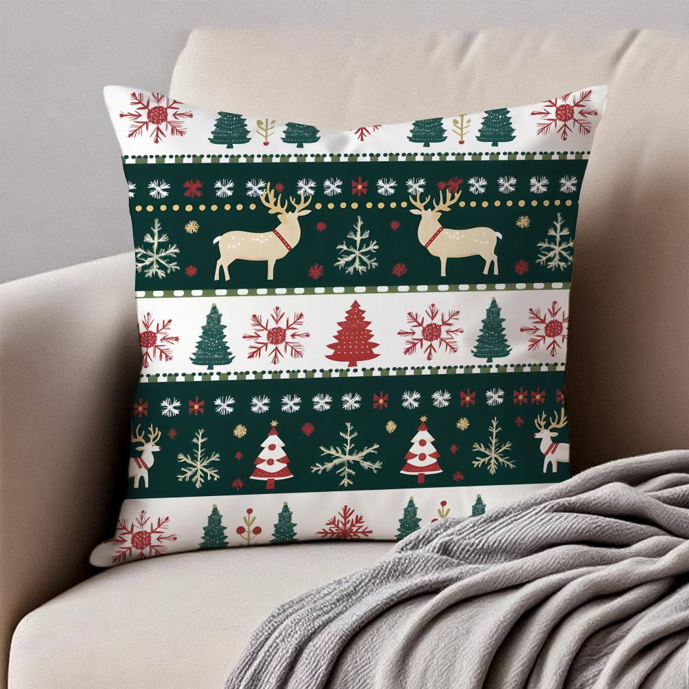 Christmas Illustration Festive Cushion Cover Pillowcase Antidustmite Invisible Zipper Short Plush Sofa Cushion