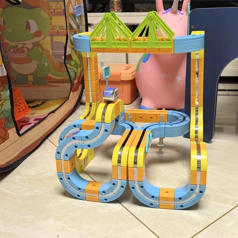 New Magnetic Car Stem Racing Car Railtrack Set Montessori Motorized Train & Gravity Maze Toy, Christmas Gift For Kids