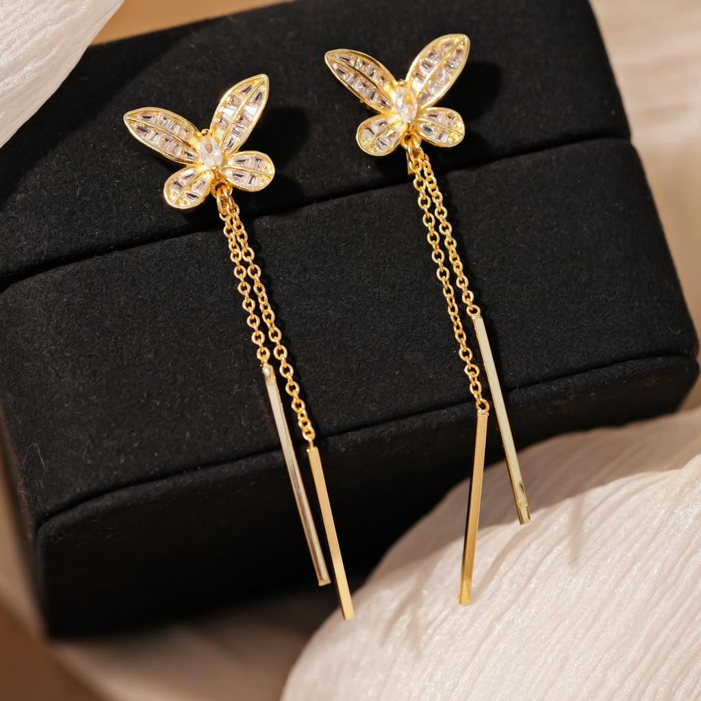 Gold-Plated Zircon Butterfly Tassel Ear Clip: Versatile, Luxurious Jewelry for Women
