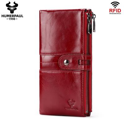 Portafoglio lungo da donna in vera pelle con blocco RFID, porta carte multifunzione sottile con cerniera