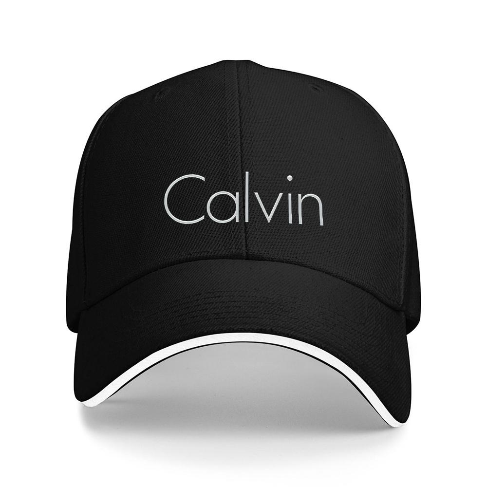 Mens sports breathable polyester baseball cap modern metal Calvin text pattern  black and white contrast design fashionable