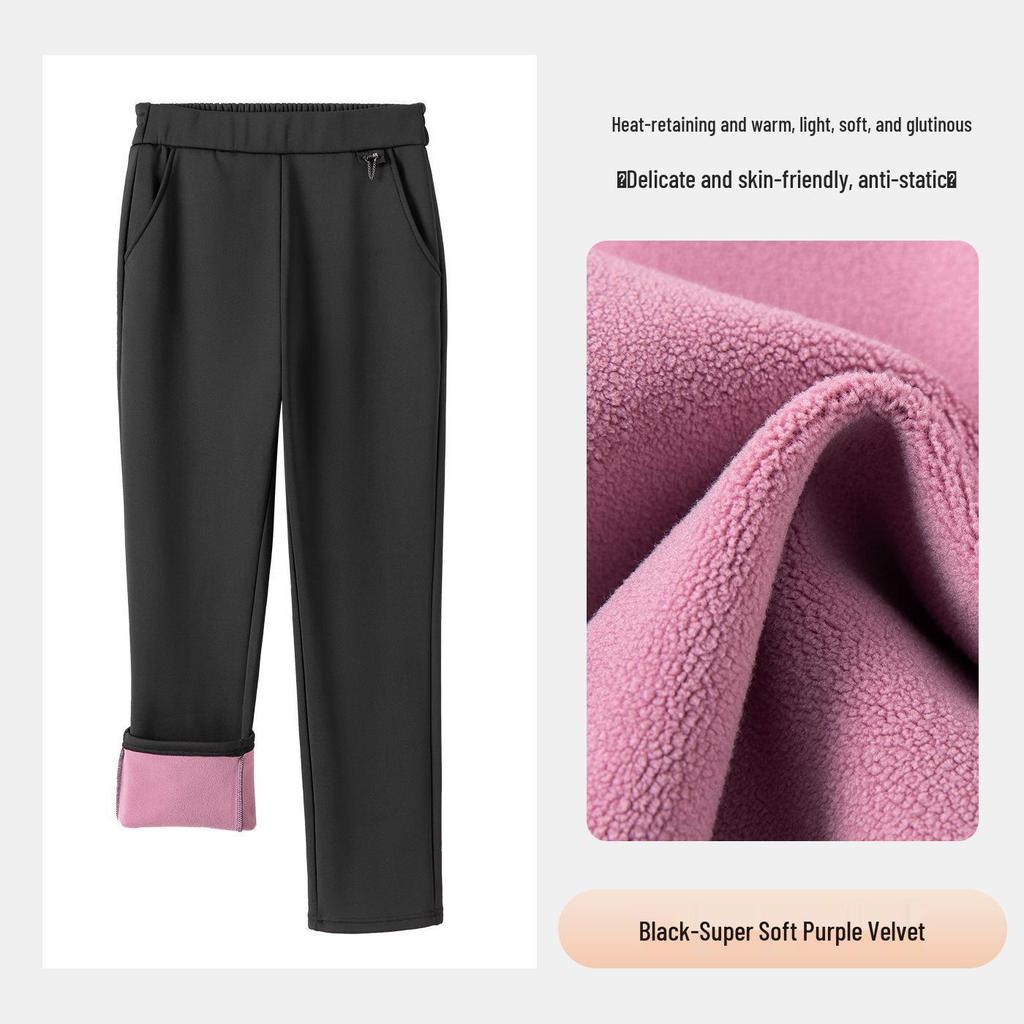 Plus Size Fleece-Lined Black High Waist Pants for Women - Stretchy, Casual, Perfect for Autumn and Winter. Ideal for Middle-Aged and Elderly Ladies.