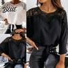 Women Shirt Lady Top Crochet Solid Color Round Neck Winter Lace Stitching Hollow Fall for Work Blouse