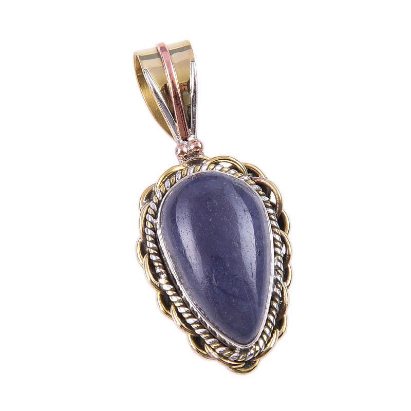 Natural Iolite Gemstone 925 Solid Sterling Silver Two Tone Pendant 1.50" i5I06
