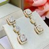Halo Cushion Square Linked Dangle Earrings Full Pave Round Cubic Zirconia Silver Tone Long Formal Evening Ladies Accessories