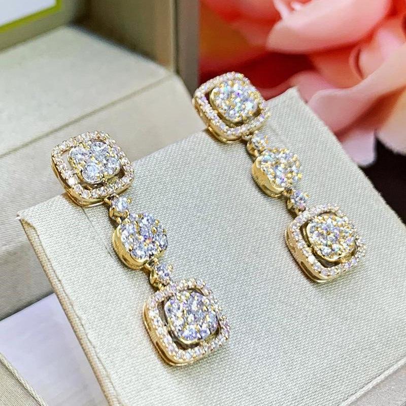 Halo Cushion Square Linked Dangle Earrings Full Pave Round Cubic Zirconia Silver Tone Long Formal Evening Ladies Accessories