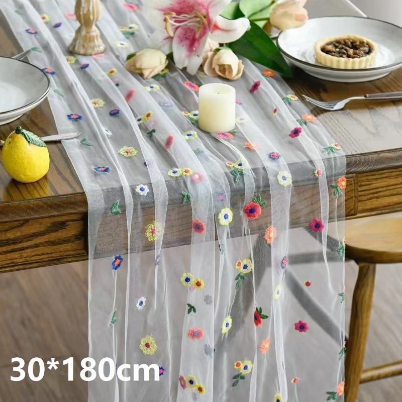 

Embroidery Daisy Table Runner Floral Embroidered Lace Tulle Runner Colorful Flower Table Cover For Bridal Shower Birthday Party 30x180cm белый