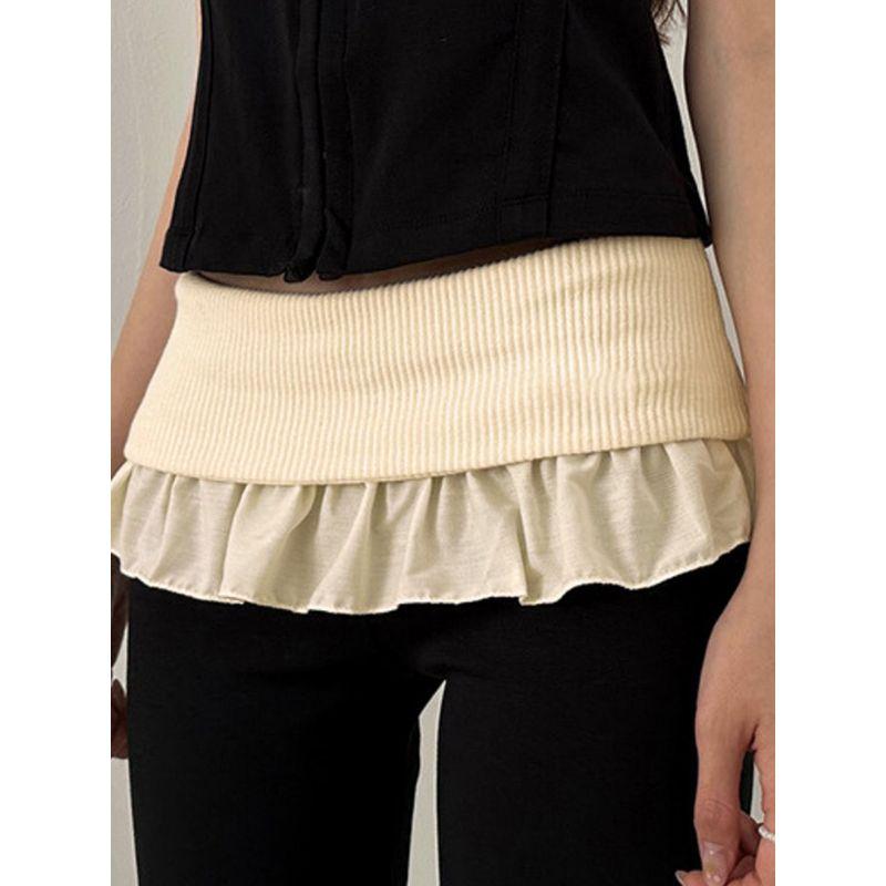 European and American Women's Clothing Street Chaoer Contrast-Color Ruffled Fake Two-Piece Bell-Bottom Pants Silm Slim Looking Casual Knitted Trousers