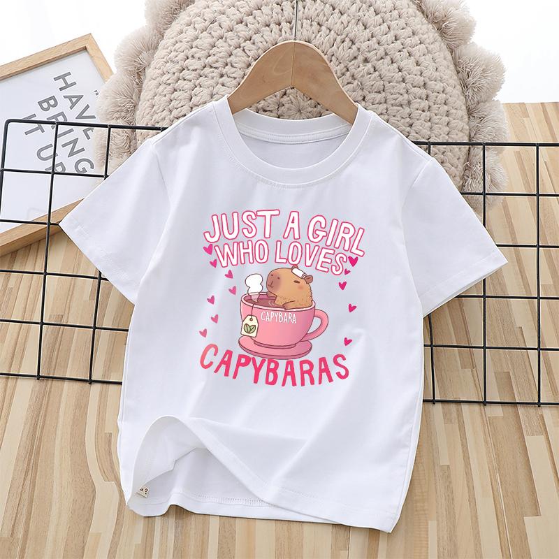 Capybara Child Short Sleeve Tshirt Girls Cartoon Capybara Letters AZ Cotton Tops Kawaii Summer Casual Tees Kids Birthday Gifts