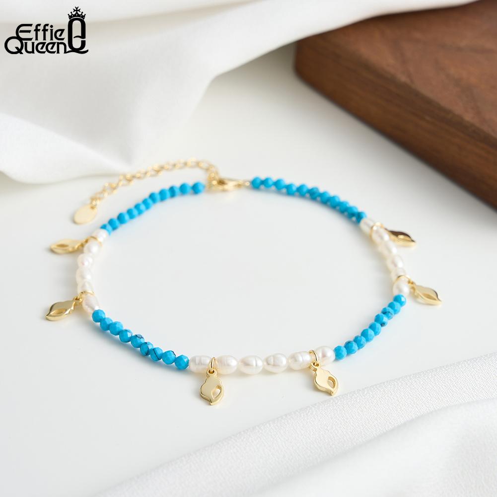 Effie Queen 925 Silver Dainty Turquoise Stone Beaded Anklet with Freshwater Pearls Foot Bracelet Jewelry Best Gift Jewellry SA95