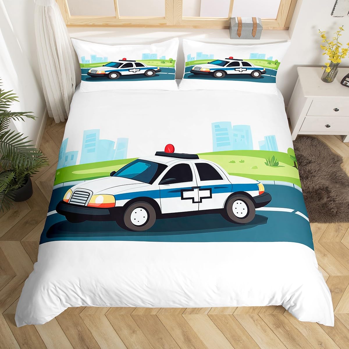 

Cartoon Police Car Duvet Cover Queen Policeman Bedding Set Emergency Responder Vehicles Comforter Cover Modern Cars Quilt Cover EU Single(135x200cm)