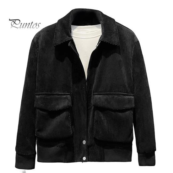 

Мужская вельветовая куртка с лацканами, длинными рукавами, карманами с клапанами, застежкой-молнией, однотонная куртка, повседневная верхняя одежда M чёрный