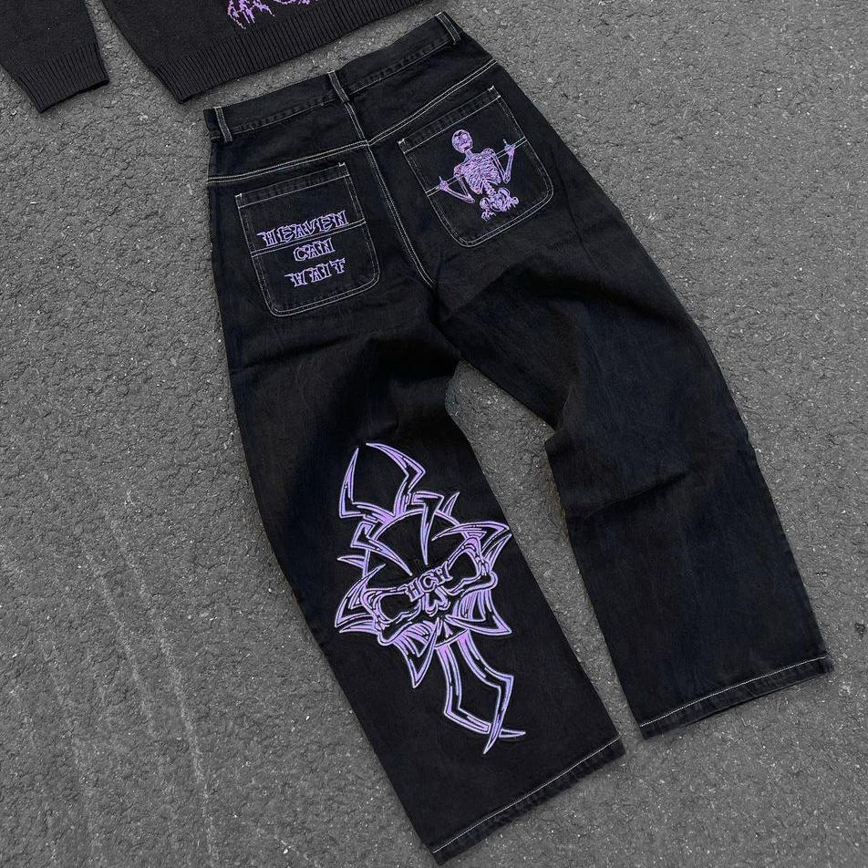 Y2K Jeans Uomo Hip Hop Retro Ricamo Teschio Lavato Pantaloni Larghi in Denim Nuovo Dritto Casual Allentato Gamba Larga Pantaloni Streetwear