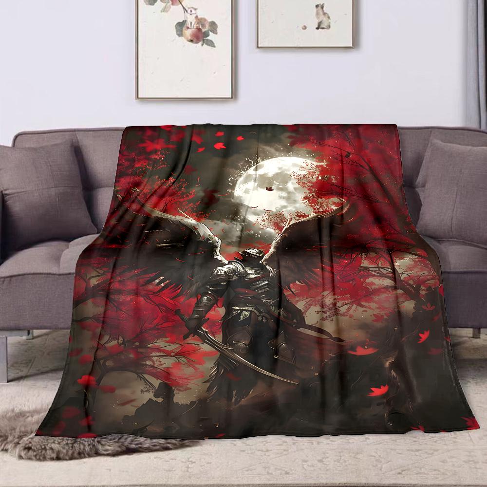 1PC Black armored angel moon night printed blanket all seasons multi-purpose blanket suitable for sofa, camping, travel, car