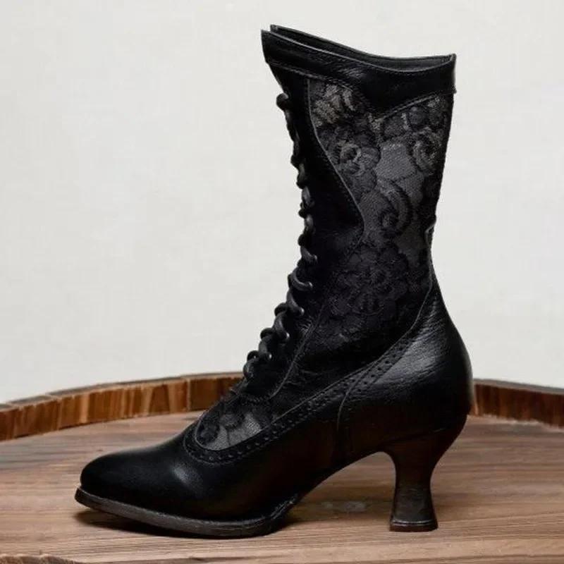 Bottines Vintage pour Femmes Victoriennes à Bout Pointu Mi-Mollet pour Femmes Élégantes en PU à Lacets Bottes Épissées Chaussures à Talons Hauts pour Dames