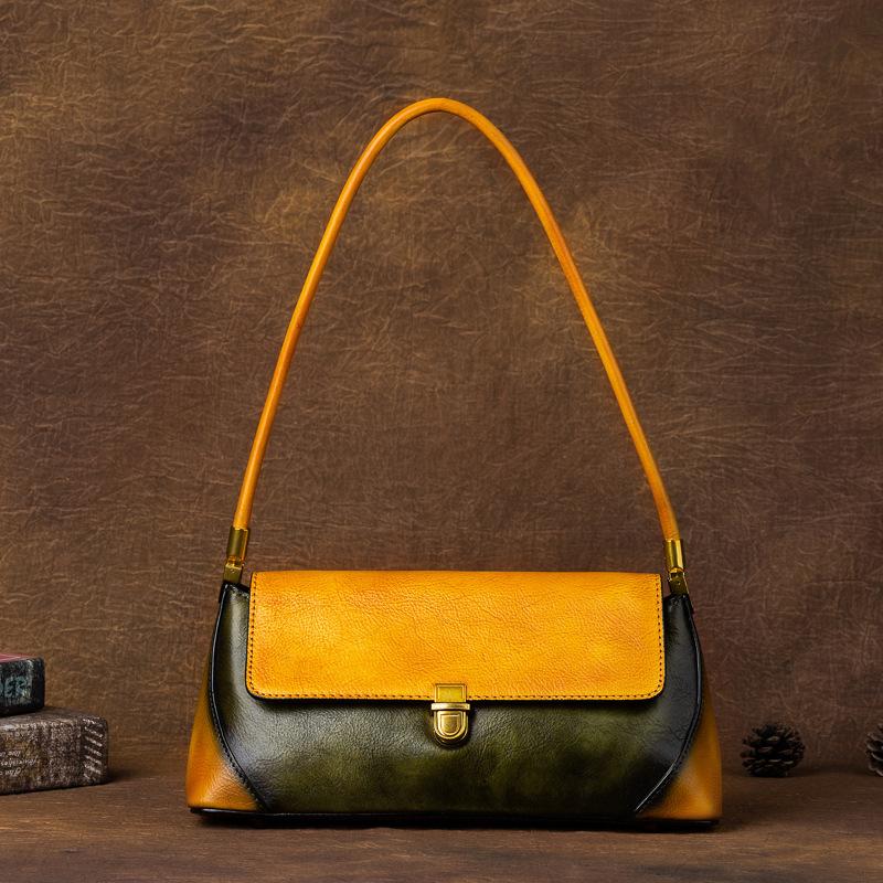 Underarm Baotou Layer Leather Countercolor Handbag Retro Simple Baguette Bag Retro Women's Bag