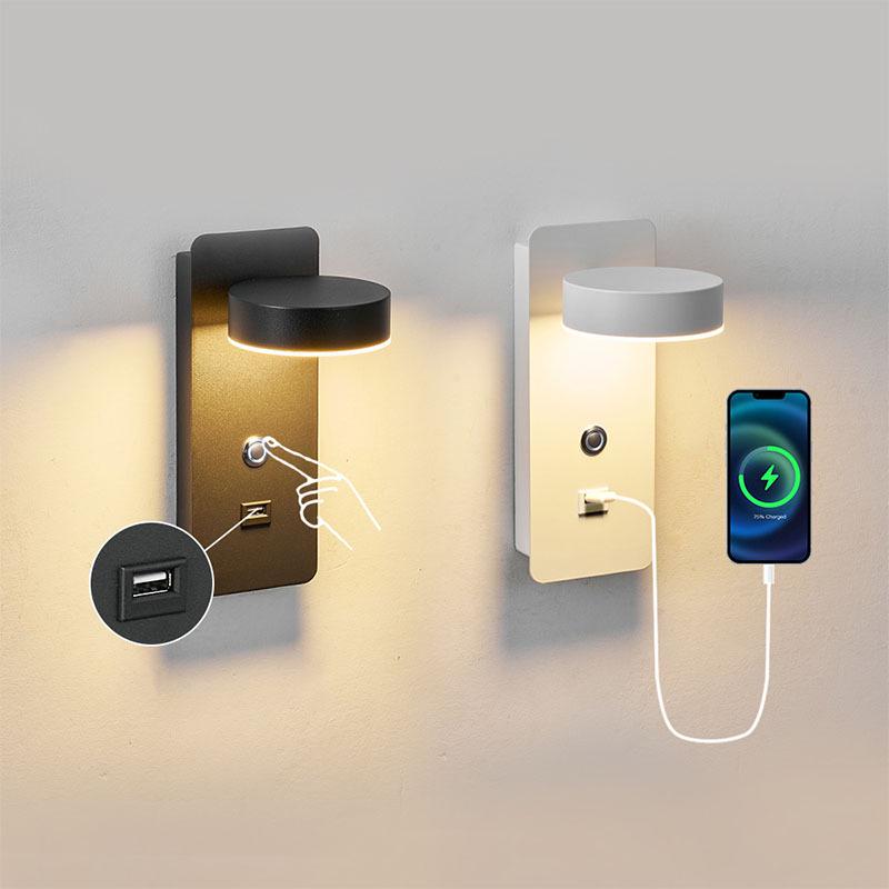 Three-Speed Dimmable LED Wall Lamp with USB Charger for Bedroom and Hotel