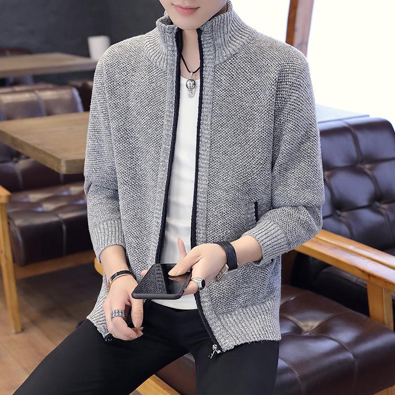 Men's Autumn/Winter Plus Velvet Zipper Knitted Cardigan Jacket with Stand Collar and Solid Color